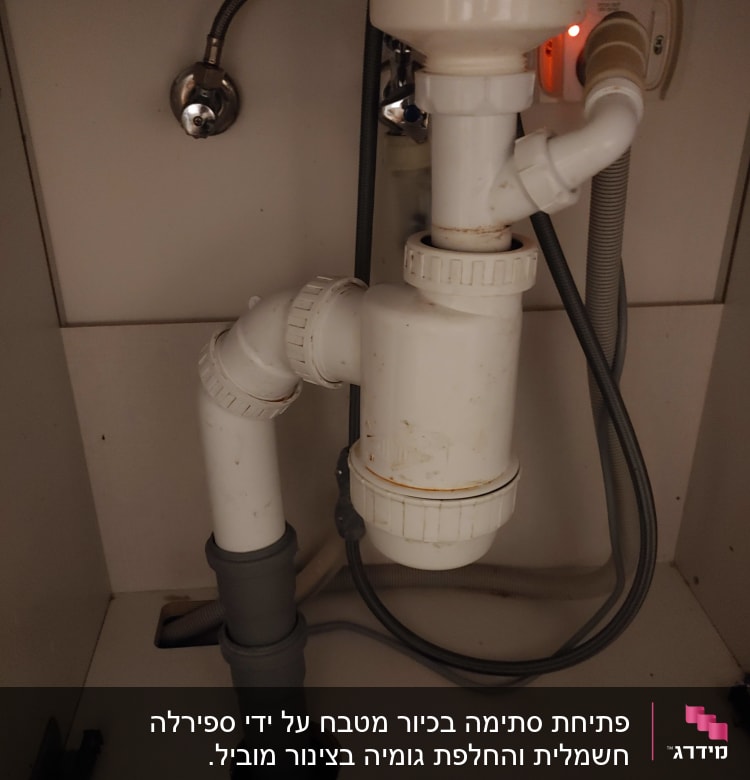 צנרת פלסטיק מתחת לכיור עם חיבורים
